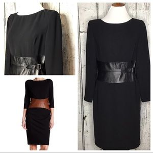 Shani black faux leather waist ponte sheath dress
